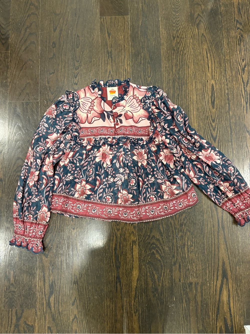 FARM Rio Navy Blouse with Pink Floral Border Print